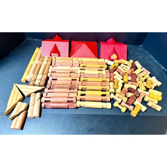Lincoln Logs 86 pcs 3 with red roofs #1 building blocks stacking wood  Playskool - Picture 1 of 5
